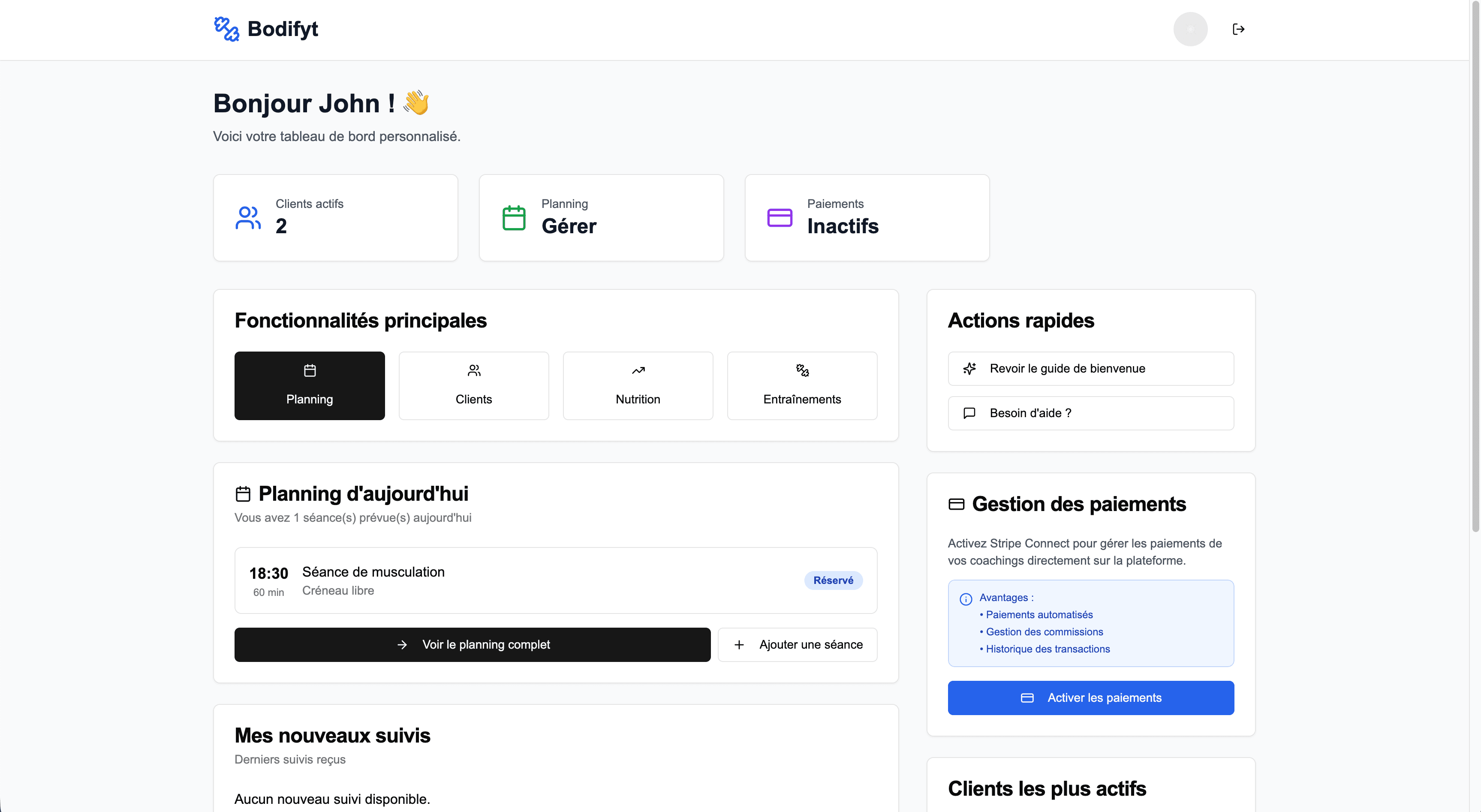Tableau de bord personnalisé Bodifyt - Capture d'écran de la plateforme de coaching